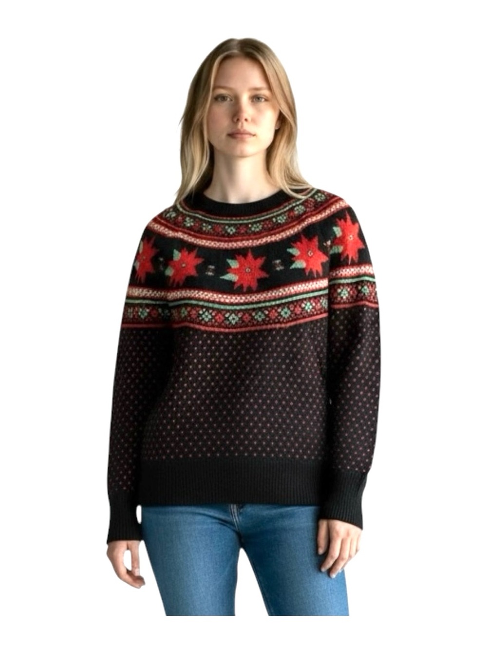 Holiday Time Christmas Sweater Size S Black Red Poinsettia Fair Isle Sparkle NWT